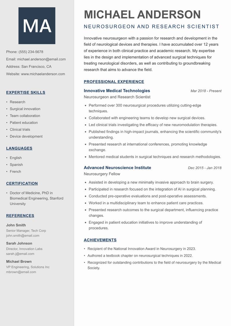Neurosurgeon Resume Preview Example