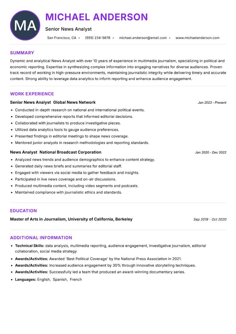 News Analyst Resume Preview Example