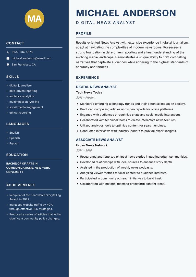 News Analyst Resume Preview Example