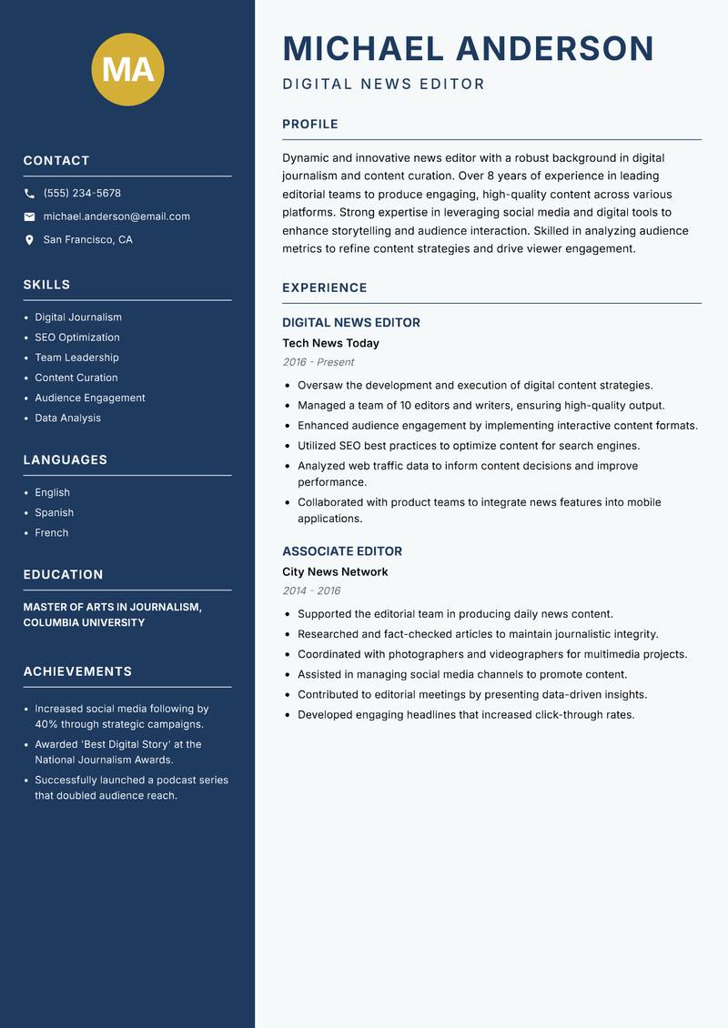 News Editor Resume Preview Example