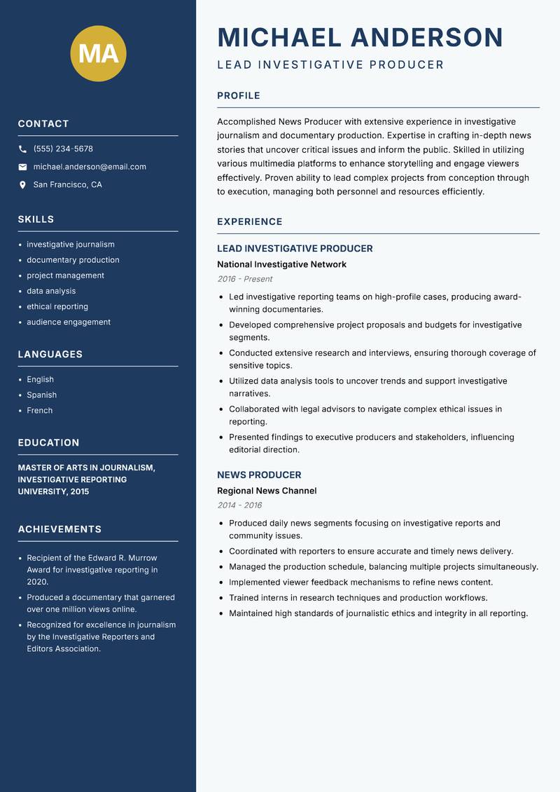News Producer Resume Preview Example
