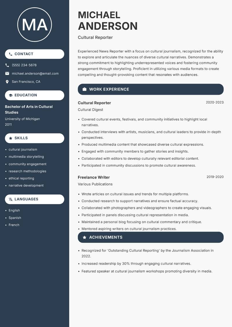 News Reporter Resume Preview Example