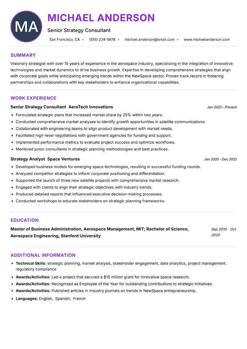 NewSpace Strategy Consultant Resume Preview Example