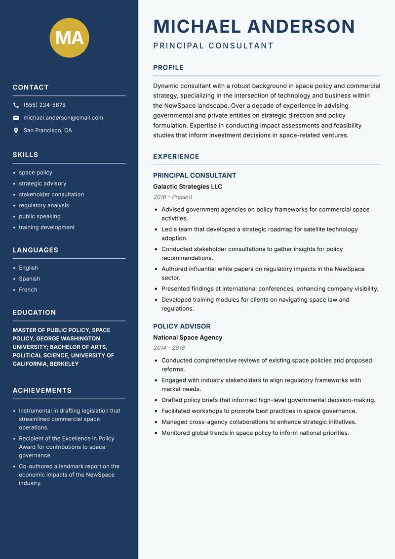 NewSpace Strategy Consultant Resume Preview Example