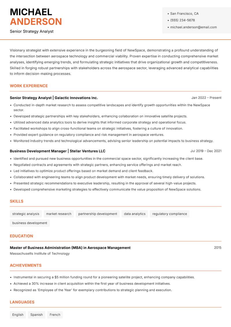 NewSpace Strategy Consultant Resume Template
