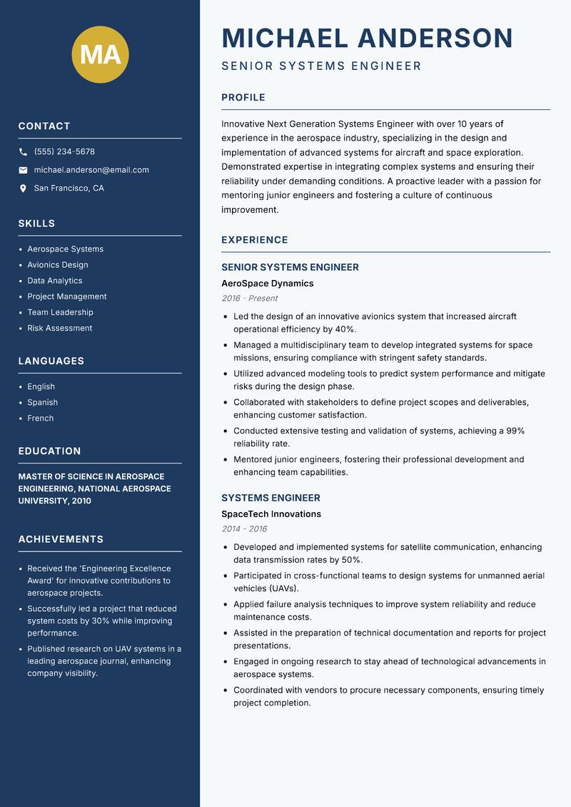 Next Generation Systems Engineer Resume Preview Example