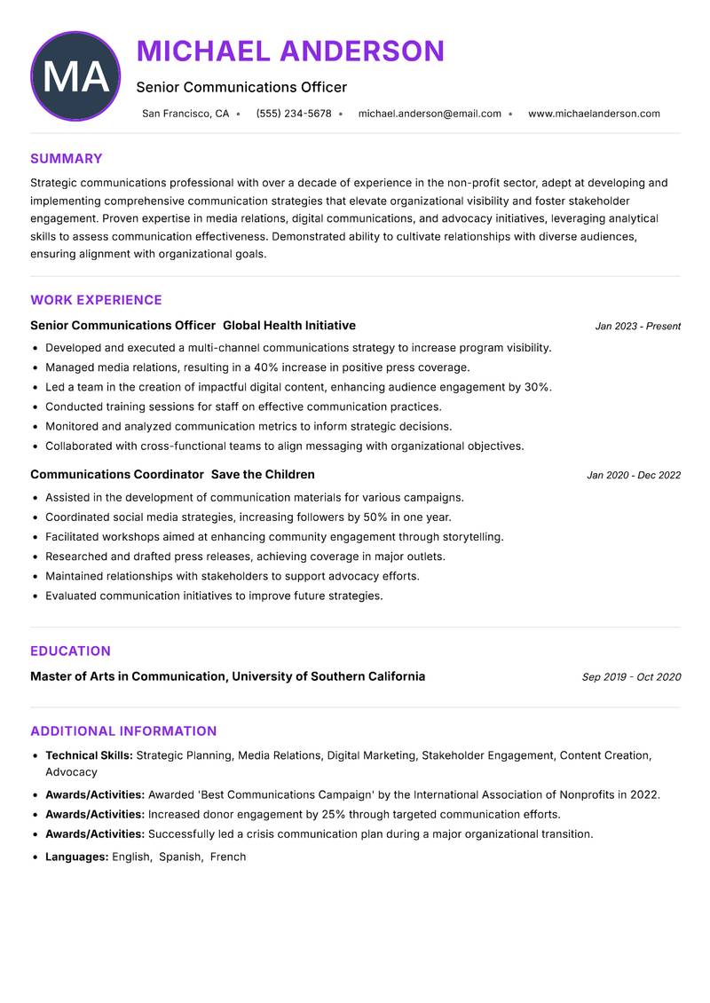 NGO Communications Officer Resume Preview Example