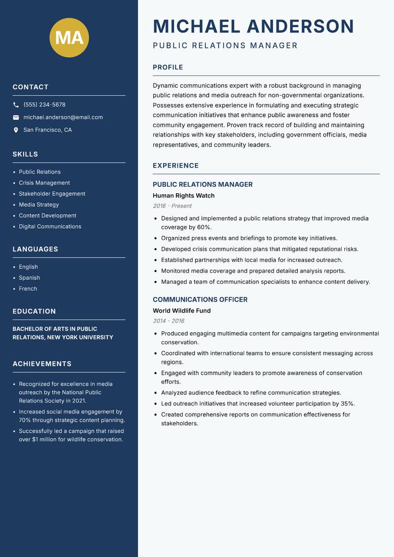 NGO Communications Officer Resume Preview Example