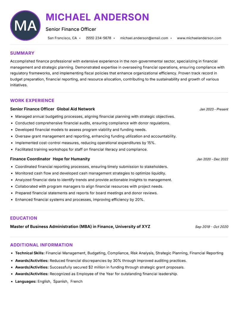 NGO Finance Officer Resume Preview Example