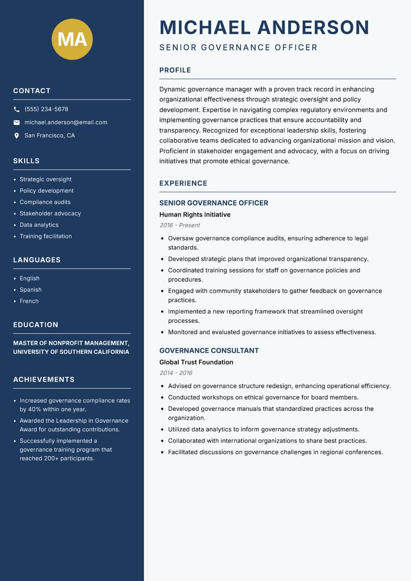 NGO Governance Manager Resume Preview Example