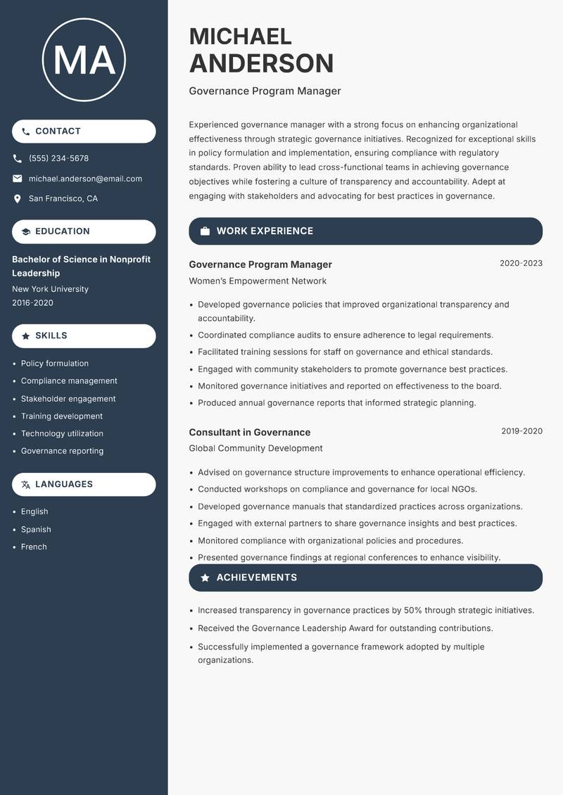 NGO Governance Manager Resume Preview Example