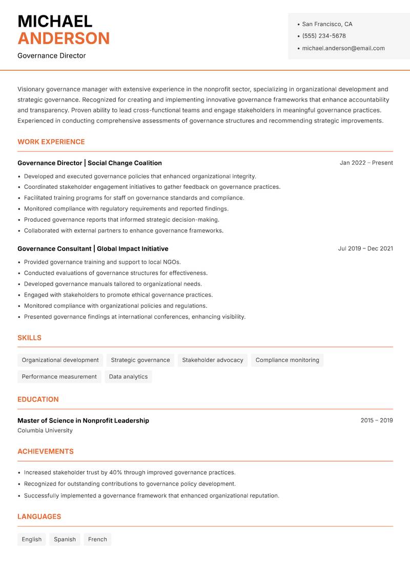 NGO Governance Manager Resume Template