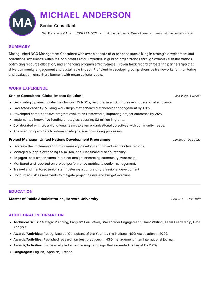 NGO Management Consultant Resume Preview Example