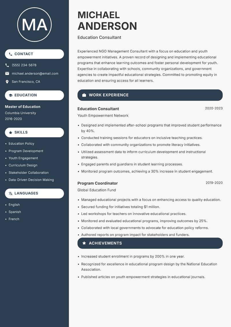 NGO Management Consultant Resume Preview Example