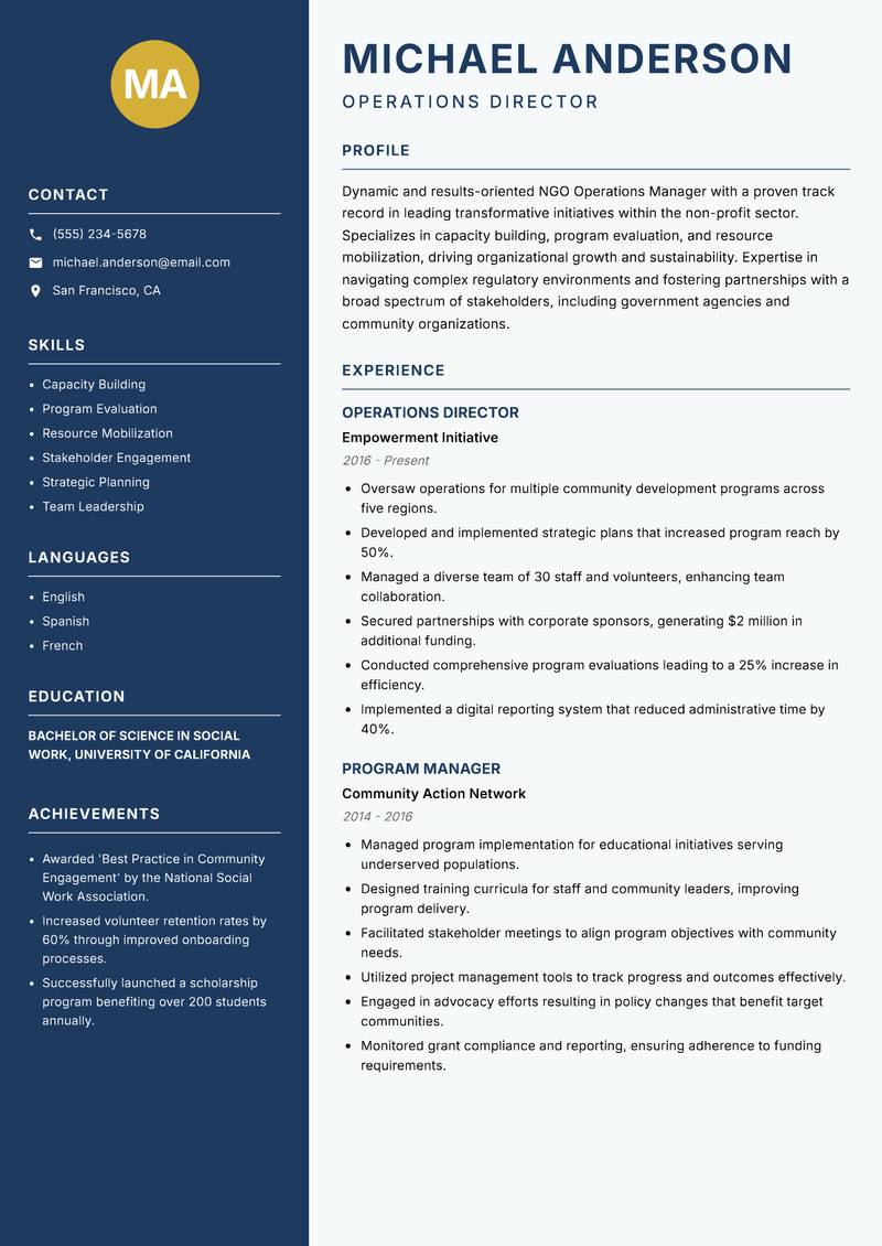 NGO Operations Manager Resume Preview Example