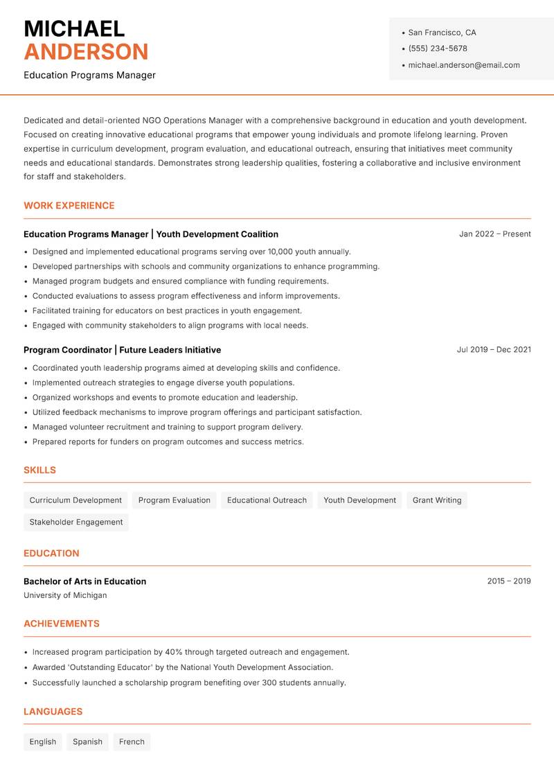 NGO Operations Manager Resume Template