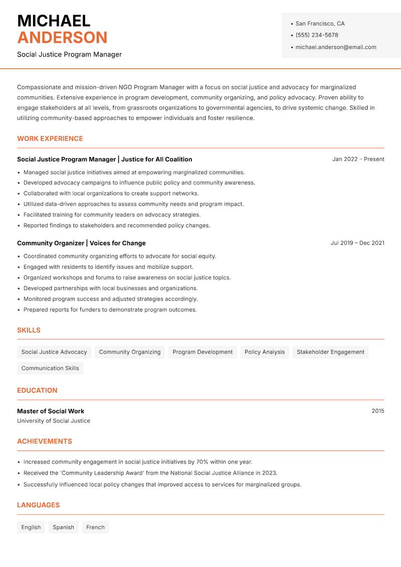 NGO Program Manager Resume Template
