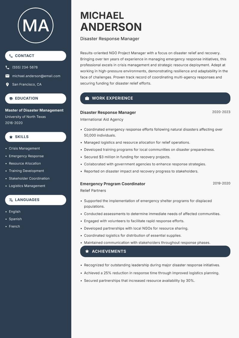 NGO Project Manager Resume Preview Example