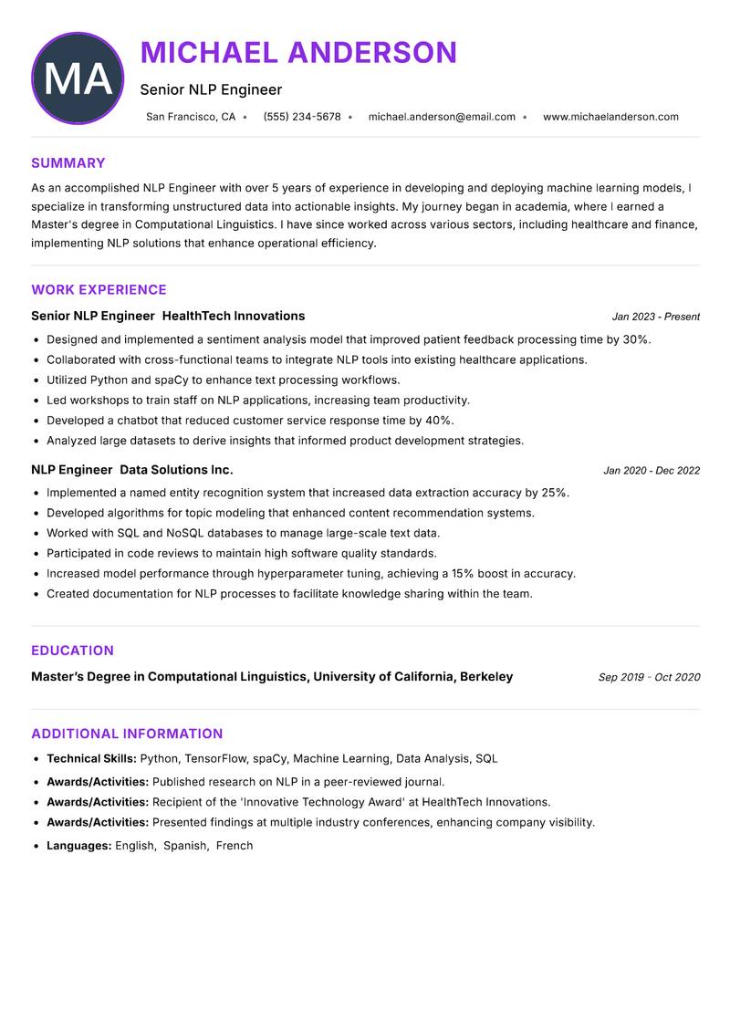 NLP Engineer Resume Preview Example