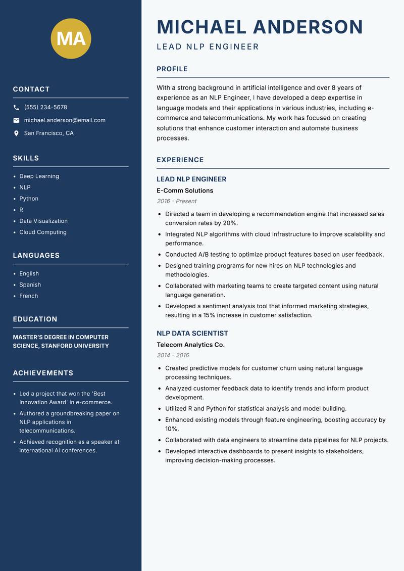 NLP Engineer Resume Preview Example