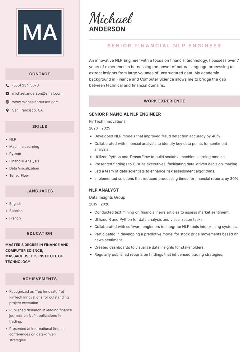 NLP Engineer Resume Preview Example