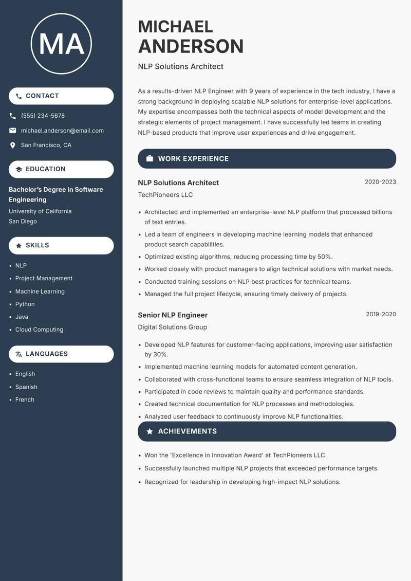 NLP Engineer Resume Preview Example