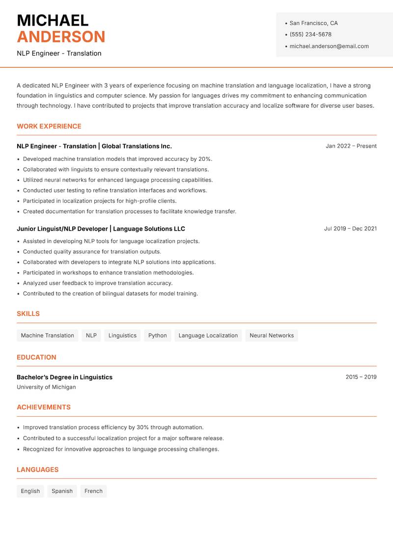 NLP Engineer Resume Template