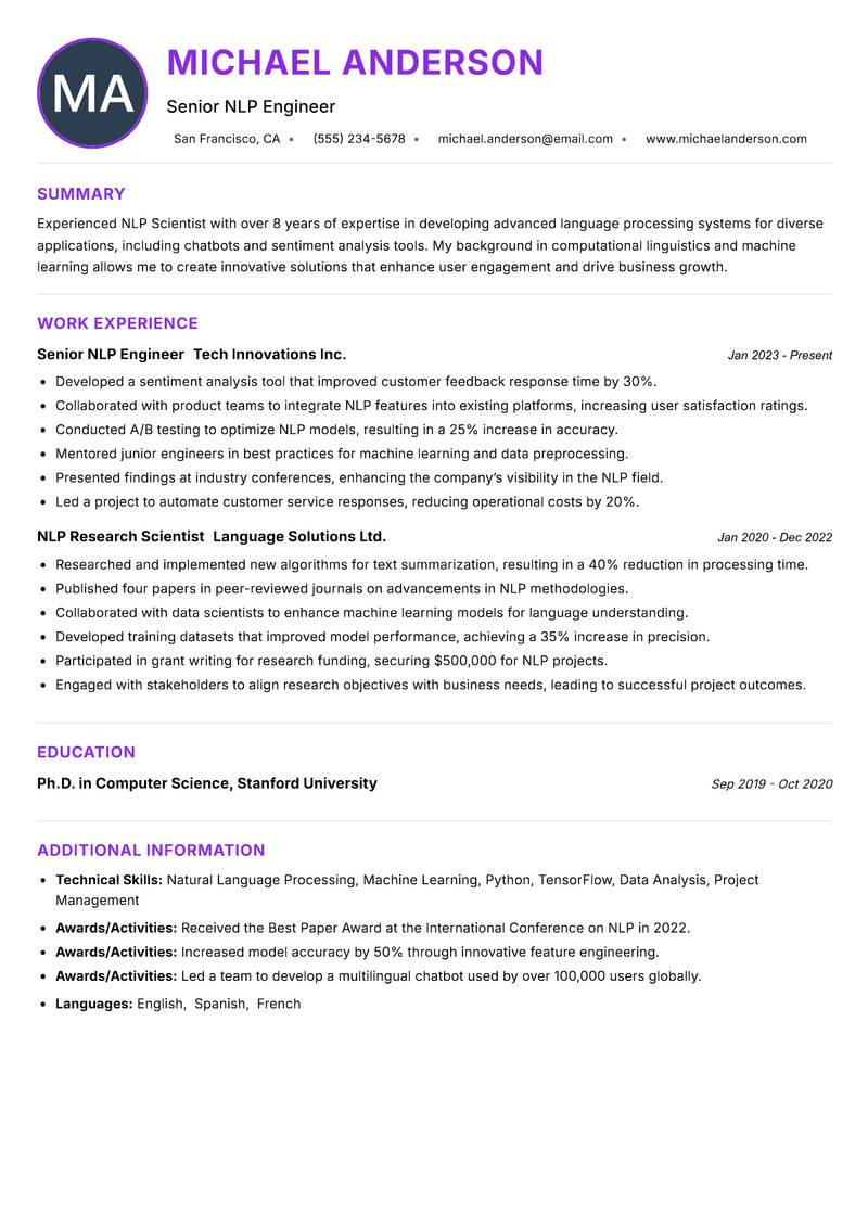 NLP Scientist Resume Preview Example
