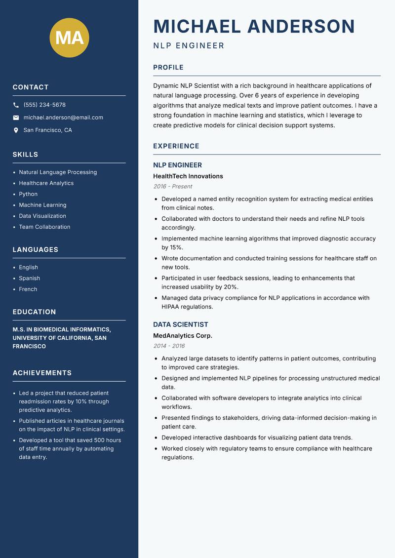 NLP Scientist Resume Preview Example