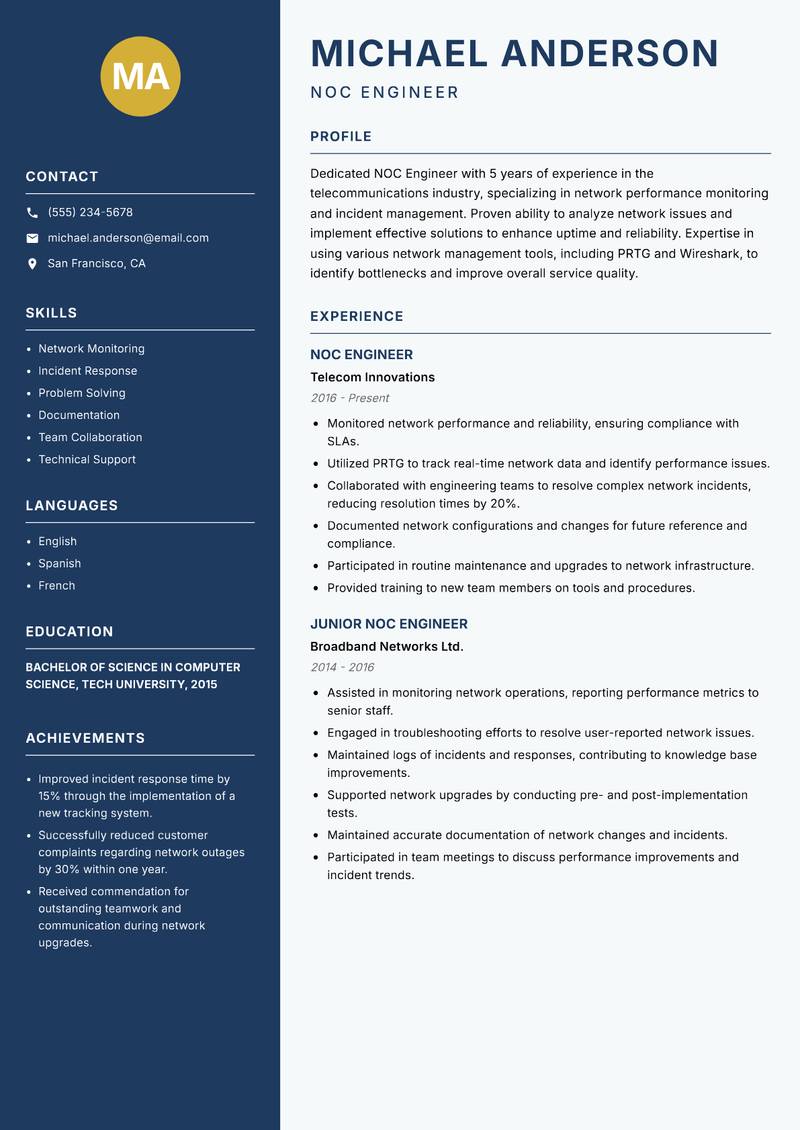NOC Engineer Resume Preview Example