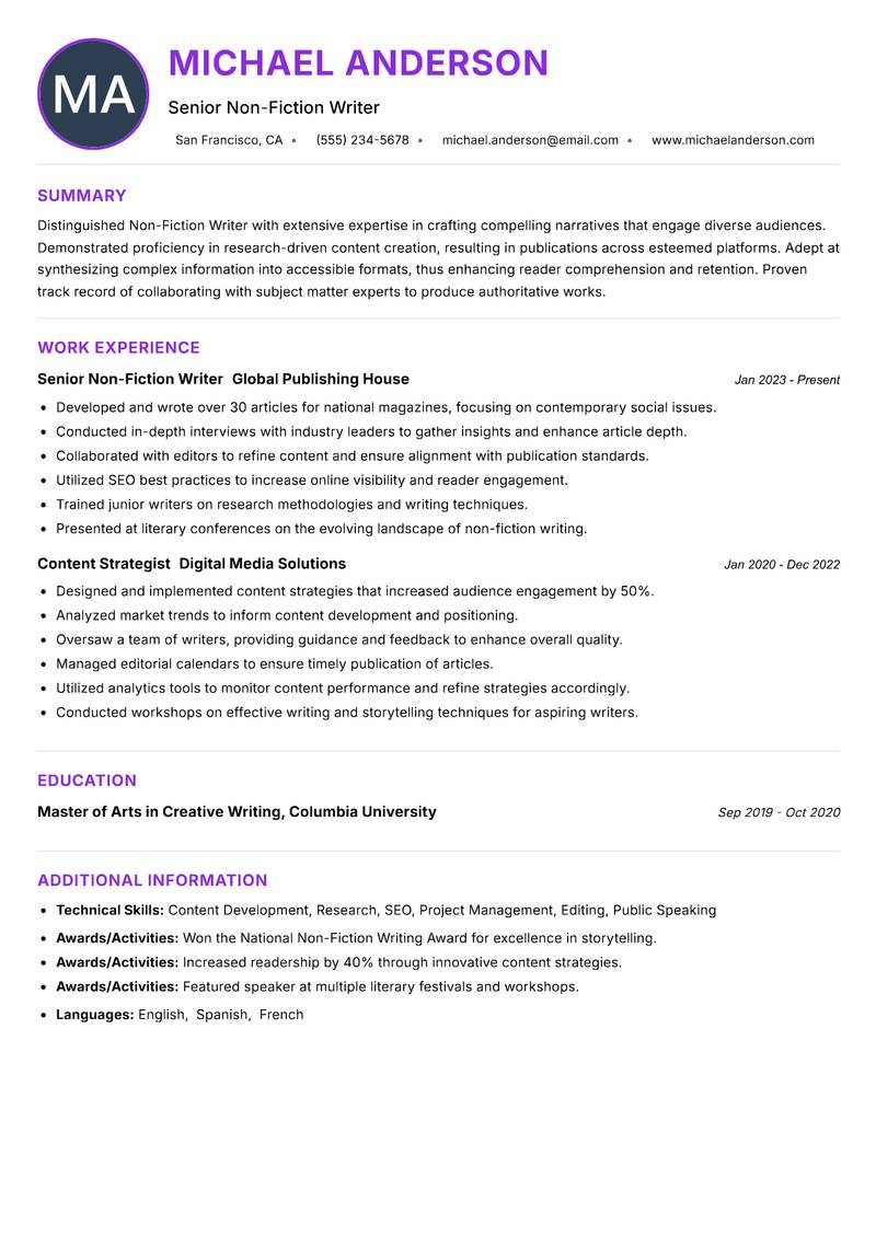 Non Fiction Writer Resume Preview Example