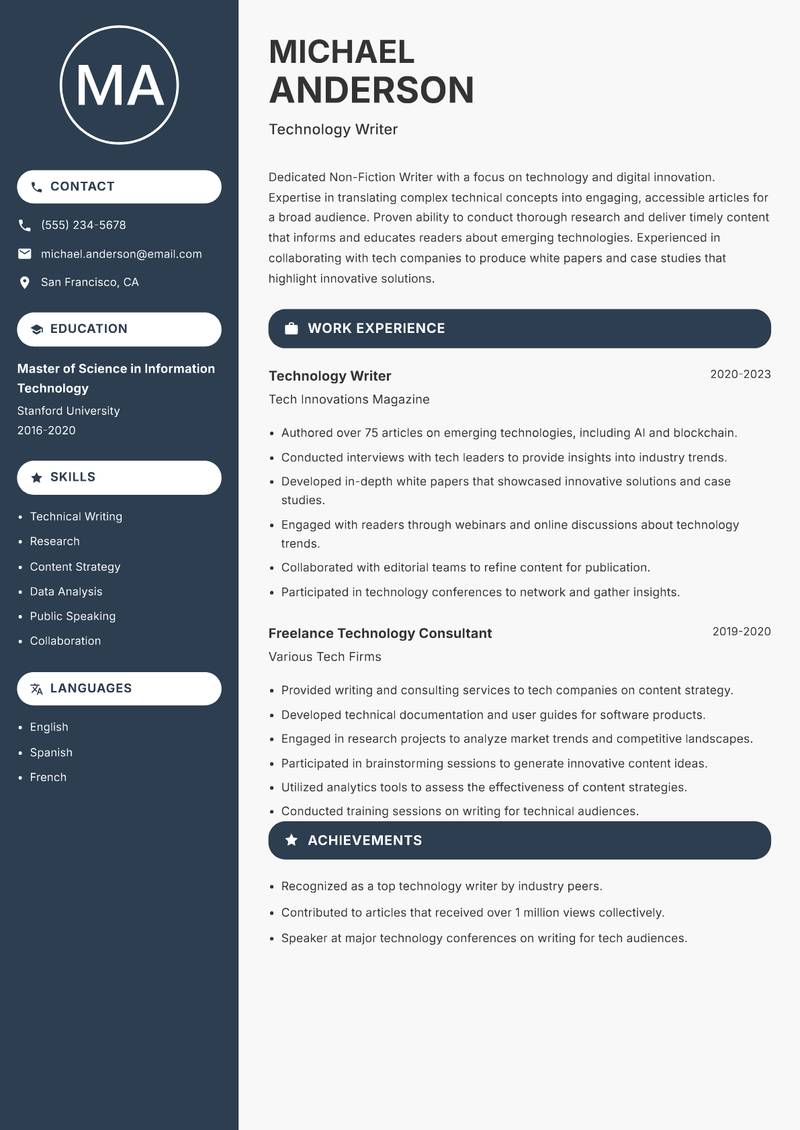 Non Fiction Writer Resume Preview Example