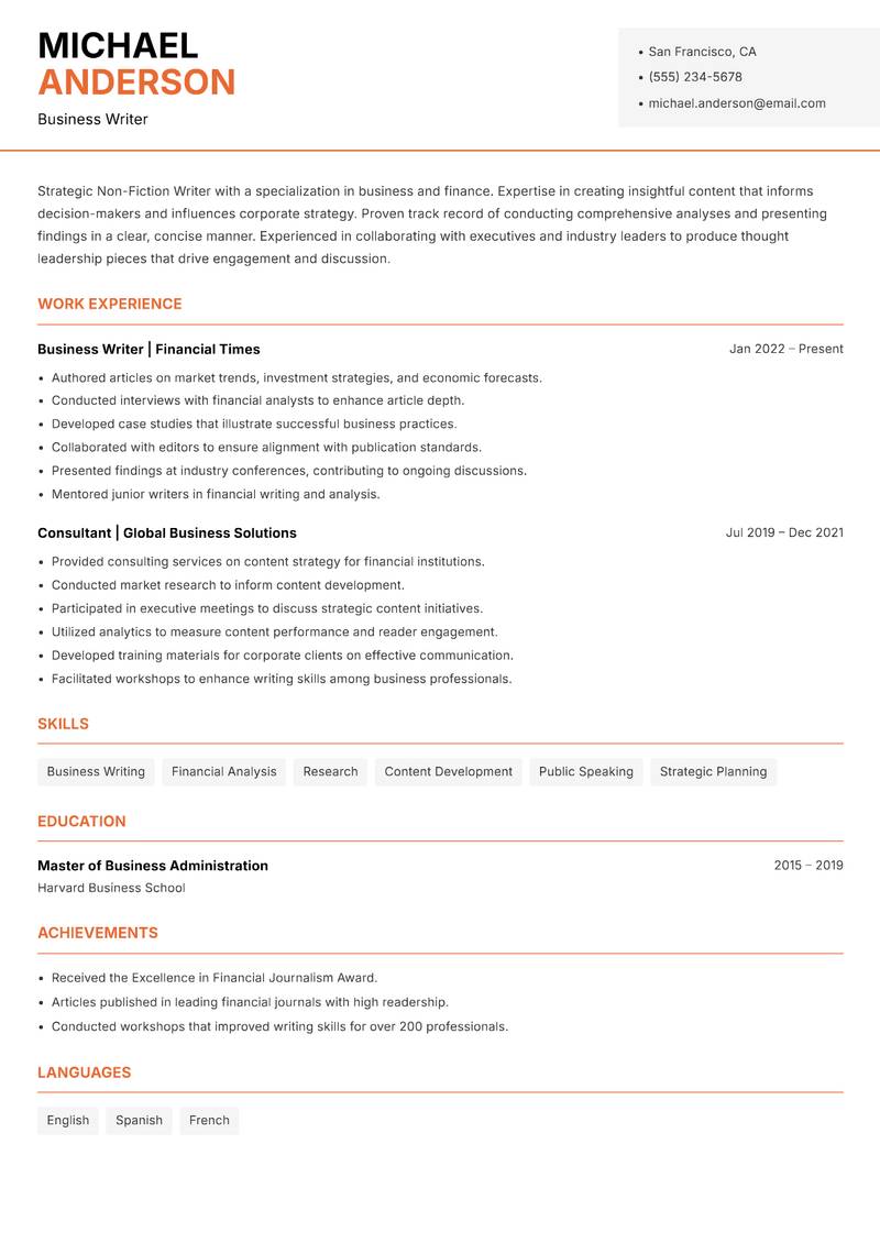 Non Fiction Writer Resume Template