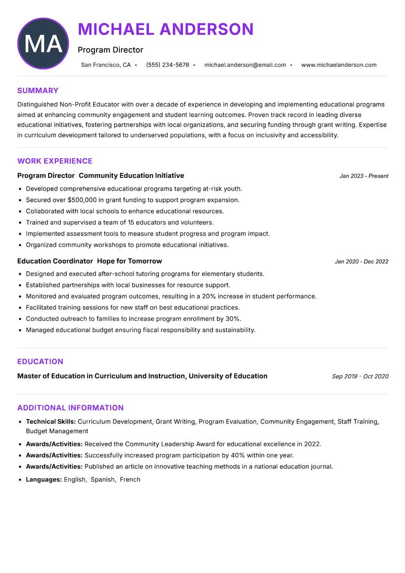 Non-Profit Educator Resume Preview Example