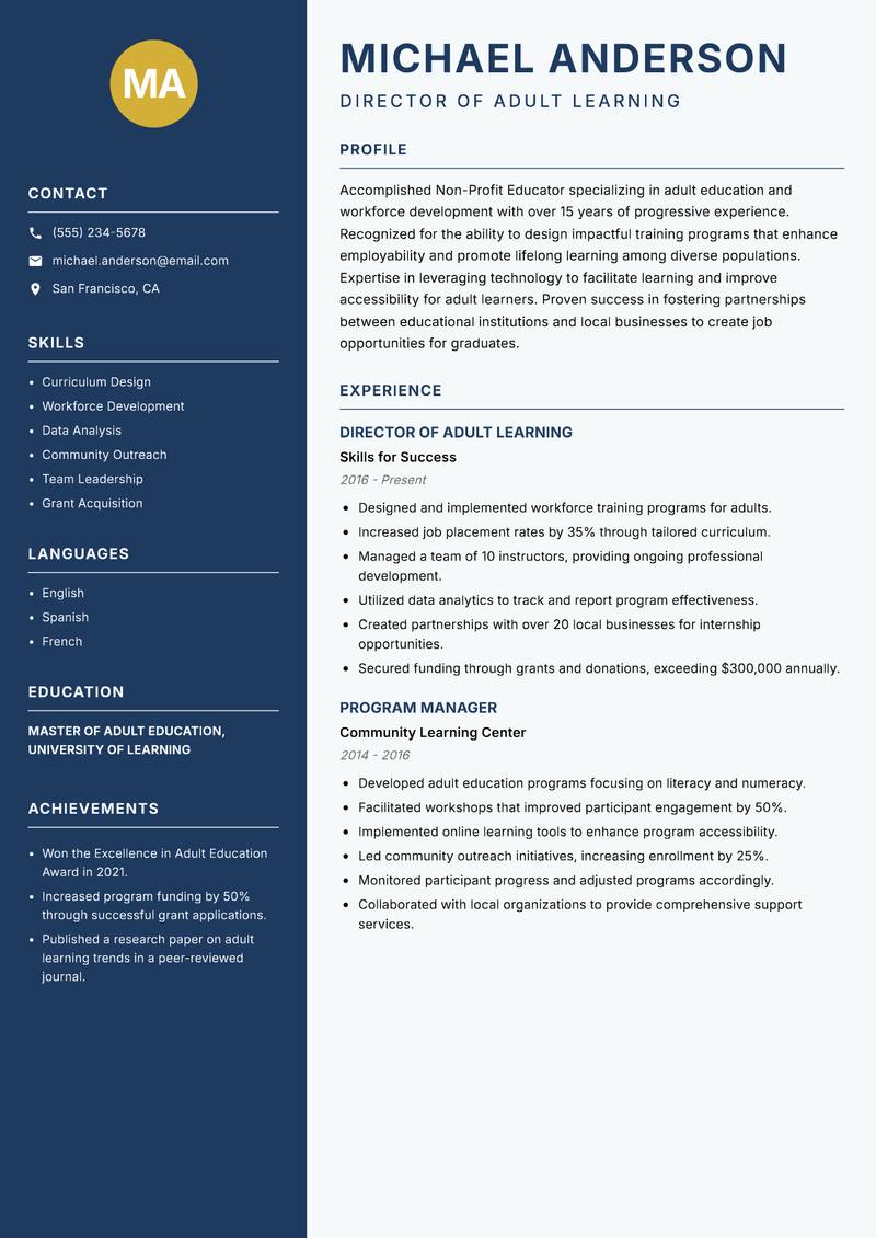 Non-Profit Educator Resume Preview Example