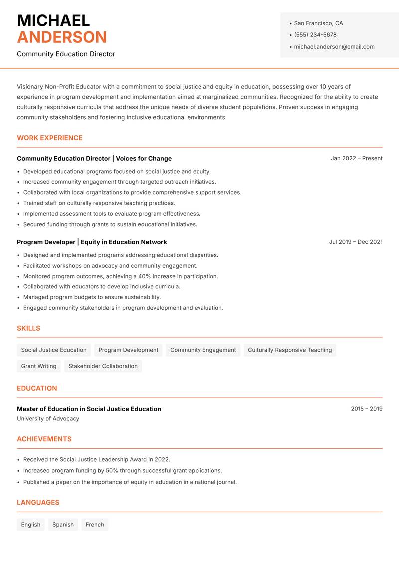Non-Profit Educator Resume Template