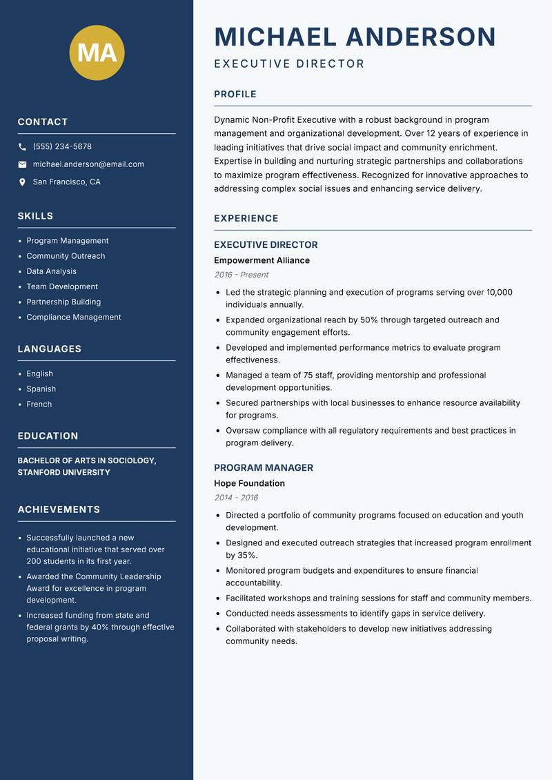Non-Profit Executive Resume Preview Example