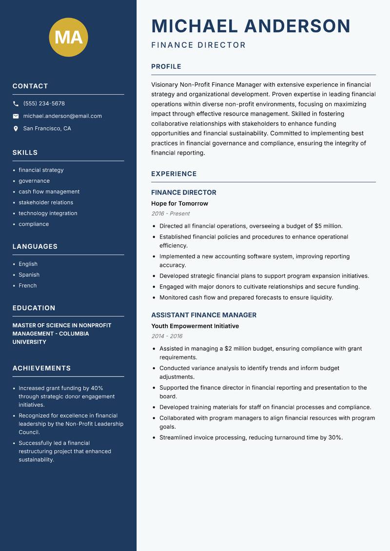 Non-Profit Finance Manager Resume Preview Example