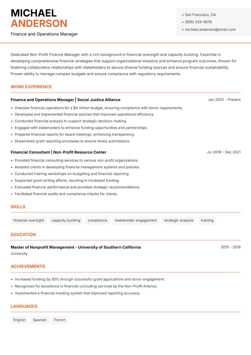 Non-Profit Finance Manager Resume Template