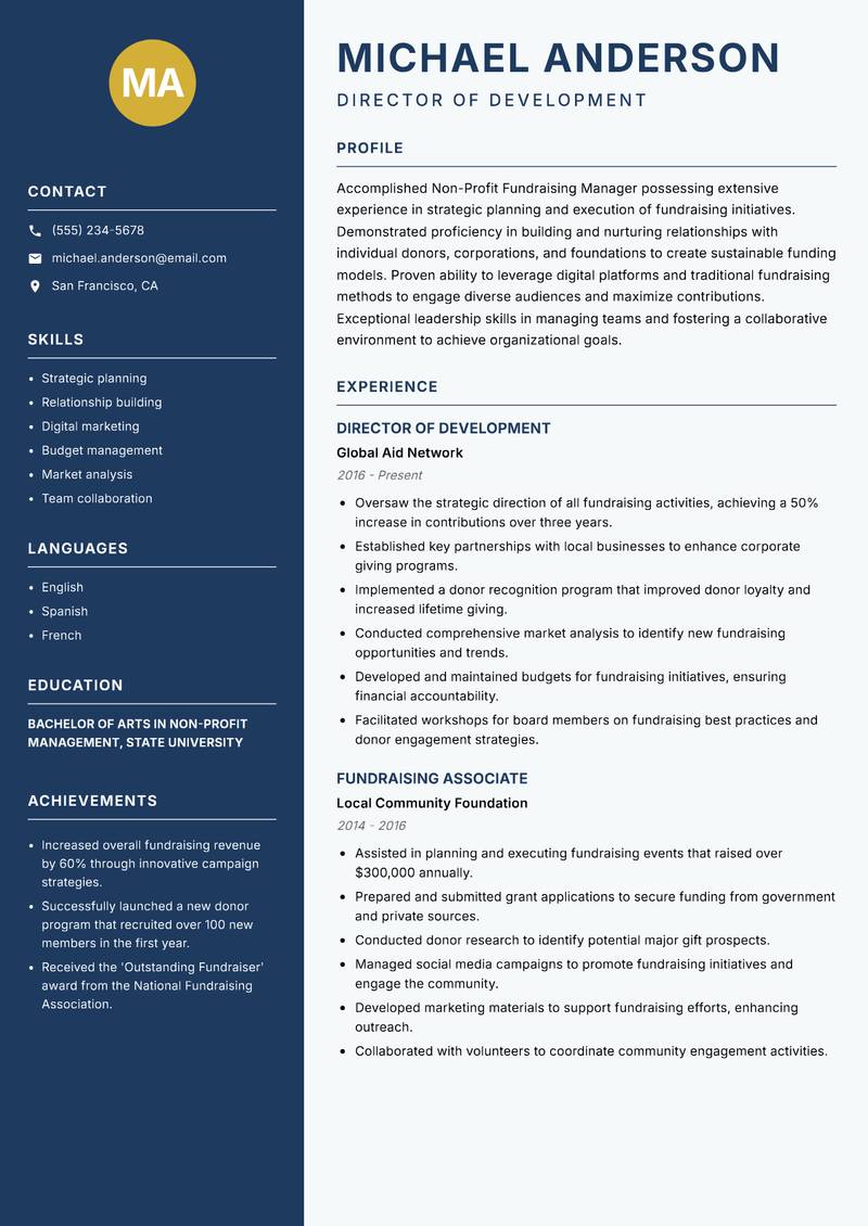 Non-Profit Fundraising Manager Resume Preview Example