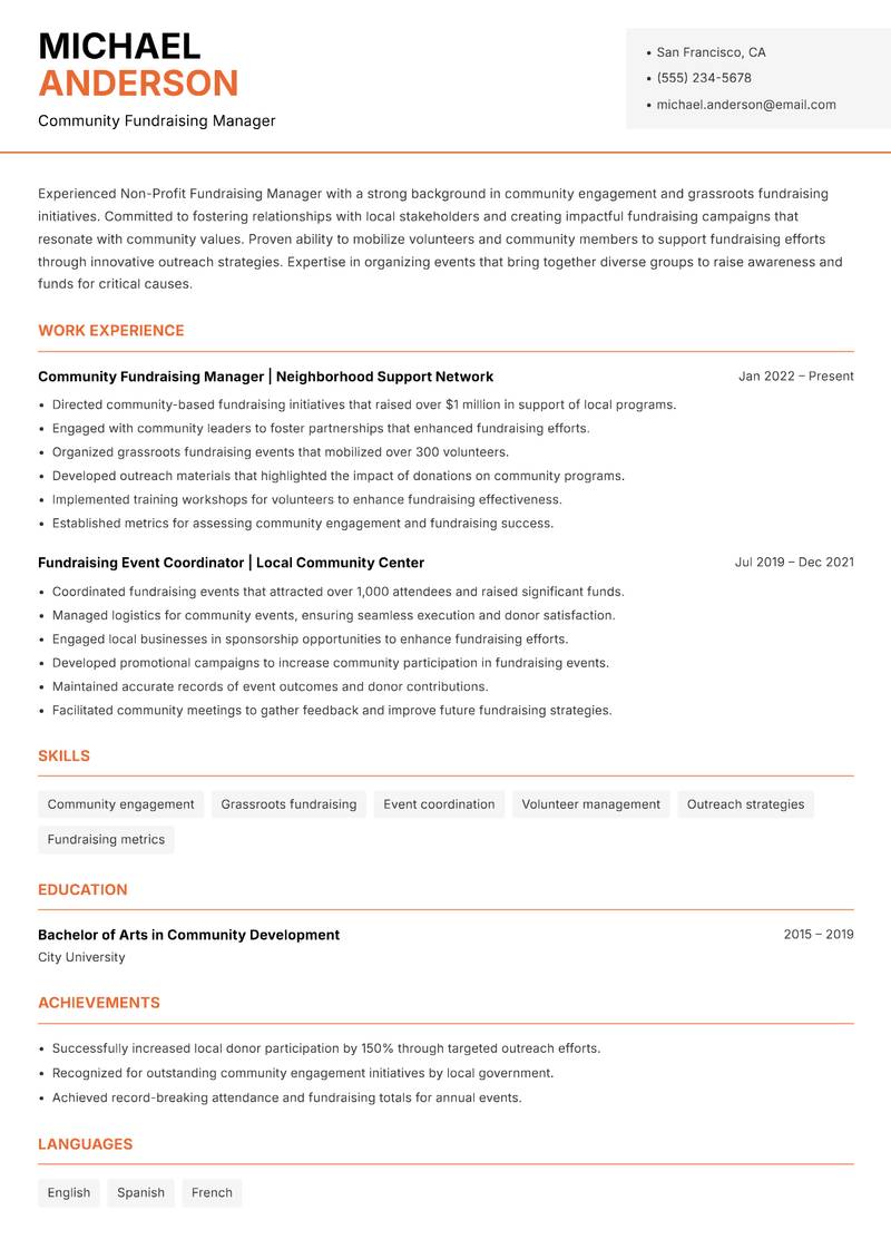 Non-Profit Fundraising Manager Resume Template
