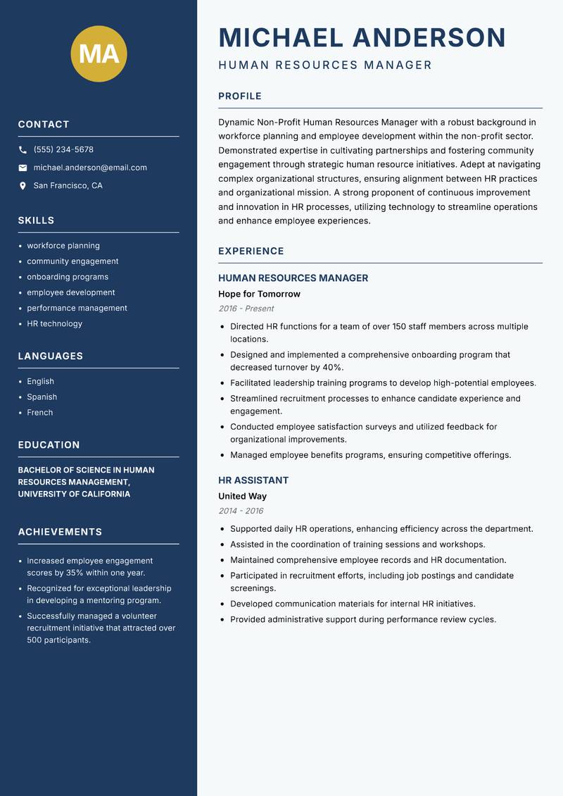 Non-Profit Human Resources Manager Resume Preview Example