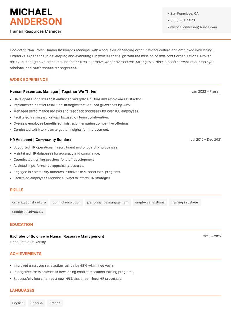 Non-Profit Human Resources Manager Resume Template