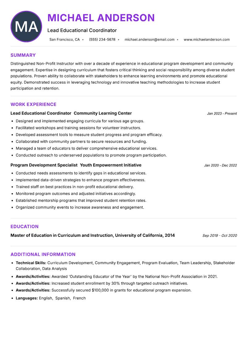 Non-Profit Instructor Resume Preview Example