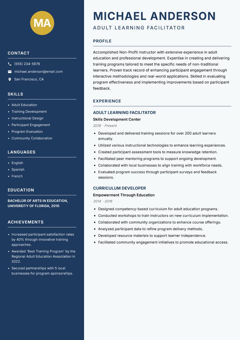 Non-Profit Instructor Resume Preview Example