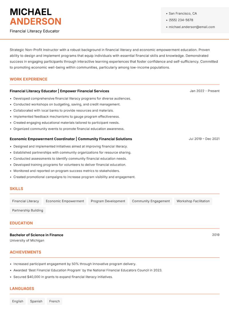 Non-Profit Instructor Resume Template