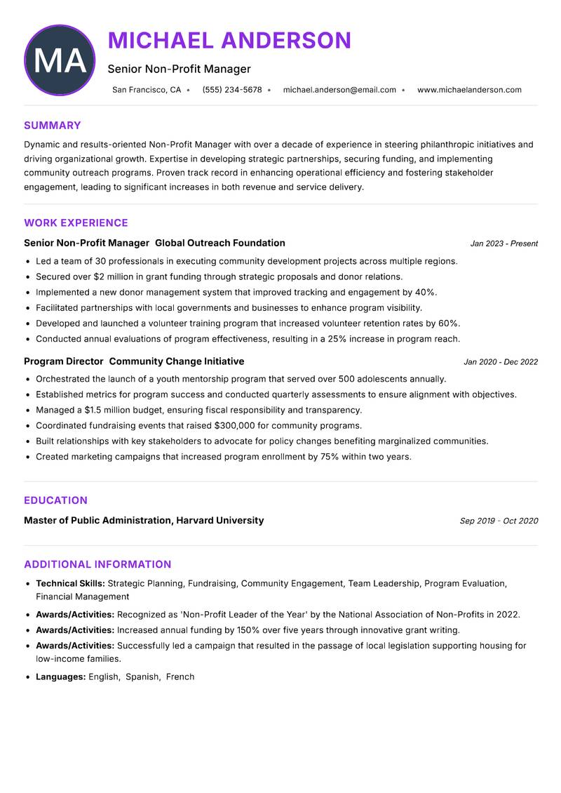Non-Profit Manager Resume Preview Example