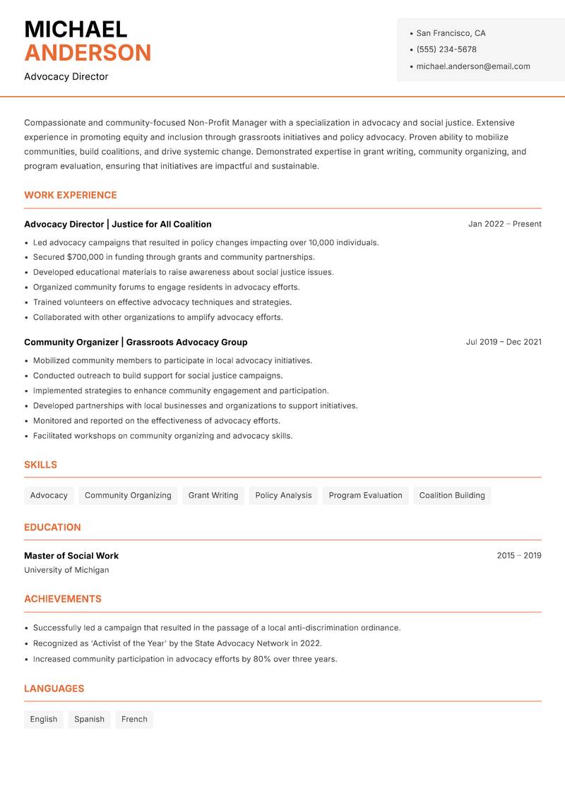 Non-Profit Manager Resume Template