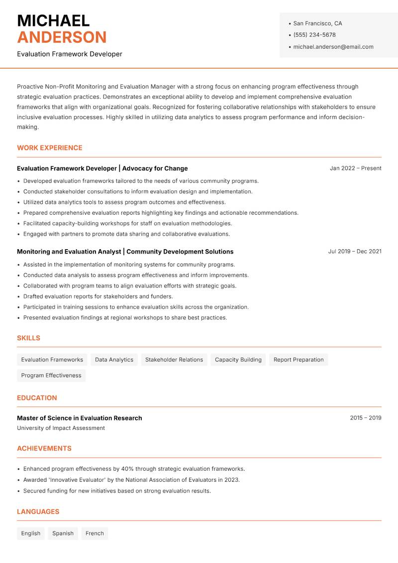 Non-Profit Monitoring and Evaluation Manager Resume Template