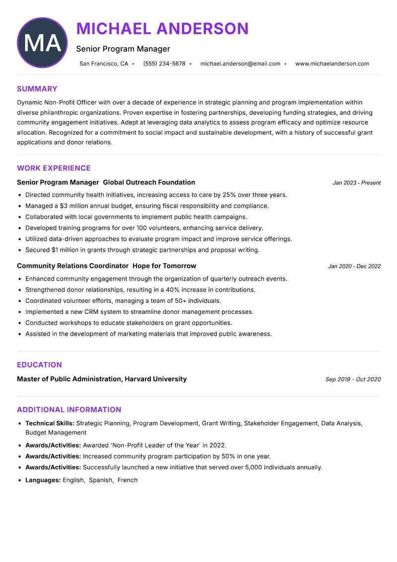 Non-Profit Officer Resume Preview Example